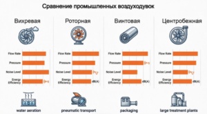 Сравнительная инфографика: роторные, винтовые, центробежные и вихревые воздуходувки