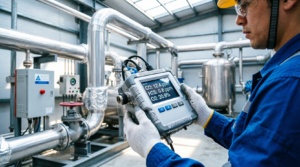 Инженер с портативным газоанализатором на нефтеперерабатывающем заводе